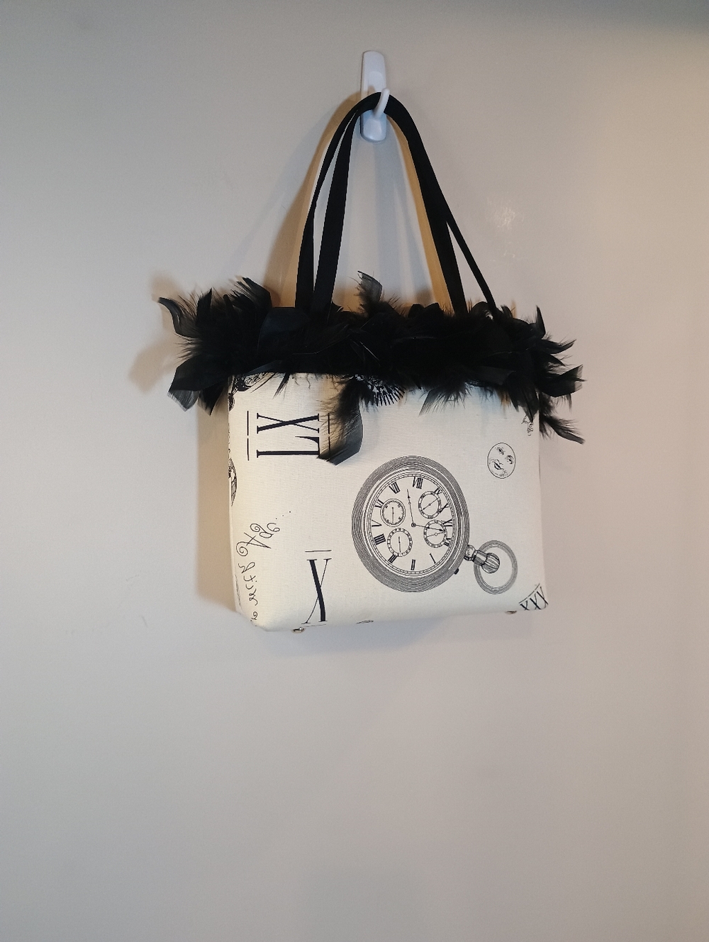 Steampunk 90's Y2k Gothic Black & Ivory Feather Trim Tote Bag - Picture 7 of 10
